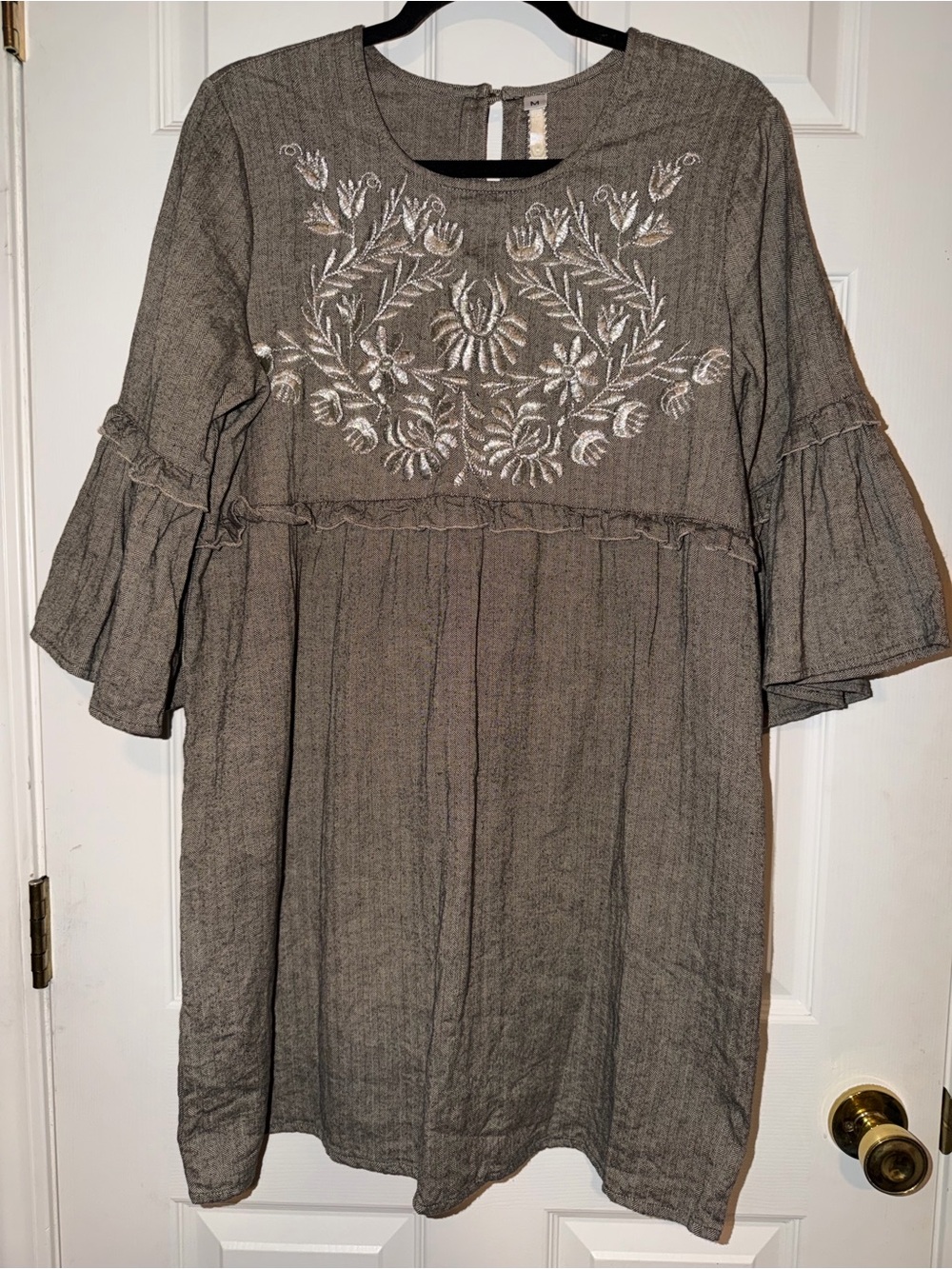 Uncle Frank Boho Lagenlook Taupe Mini Dress with White Floral Embroidery